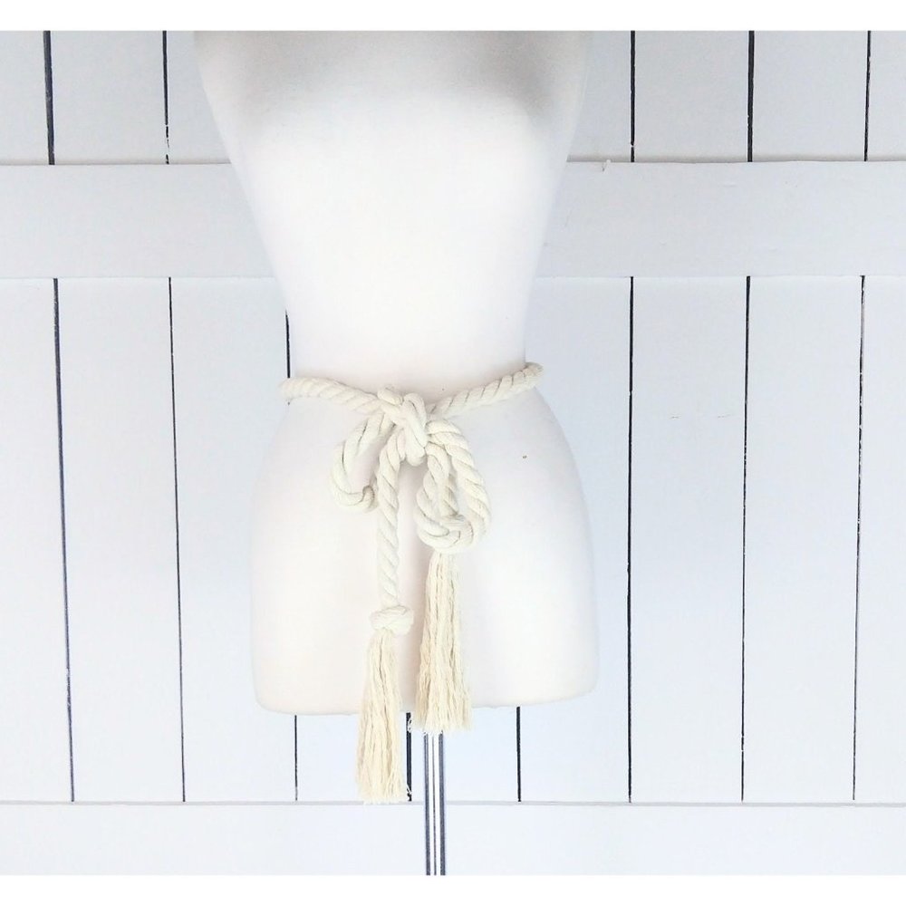 Ivory woven braided rope knotted fringe tassel tie belt